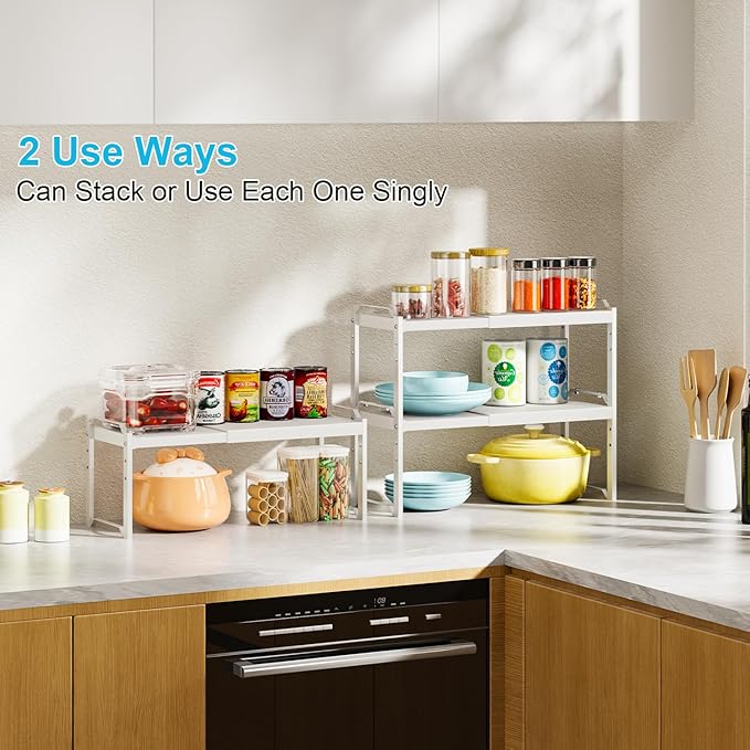 X-cosrack 2 Pack Expandable Kitchen Cabinet Shelf Organizer, Stackable Adjustable Storage Shelves for Pantry Cupboard Kitchen Counter, 20LBS Loading Capacity, Size: W*D*H=20.5 * 8.26" * 8.72" - Image 4