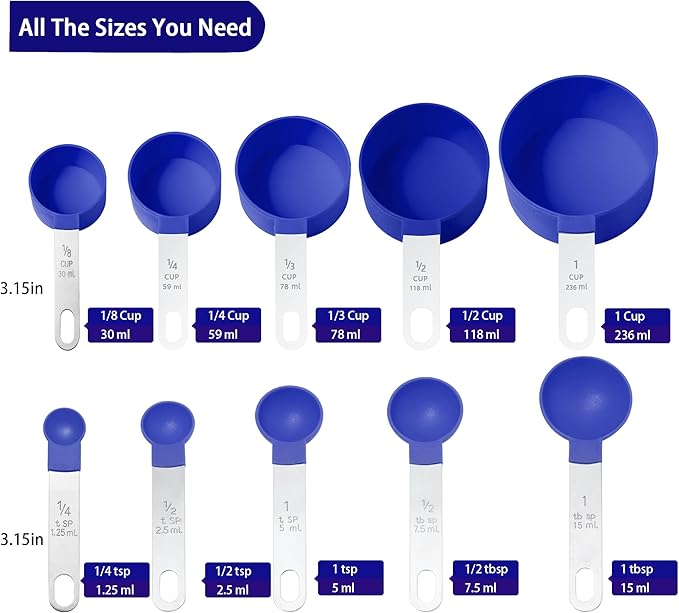 Measuring Cups and Spoons Set of Huygens Kitchen Gadgets 10 Pieces, Stackable Stainless Steel Handle Measuring Cups for Measuring Dry and Liquid Ingredient (Sapphire blue) - Image 2
