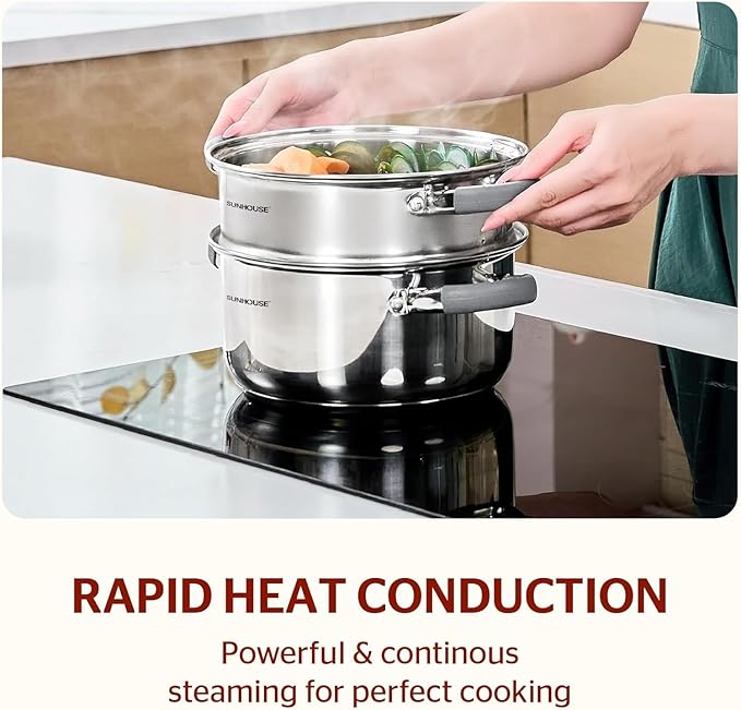 SUNHOUSE 3 Quarts Steamer Pots With Lid, 2-Tier Multipurpose Stainless Steel Steaming Pot Cookware With Stay-Cool Handles, Tri-ply Bottom, Compatible with All Cooktops - Image 5