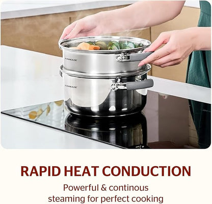 SUNHOUSE 3 Quarts Steamer Pots With Lid, 2-Tier Multipurpose Stainless Steel Steaming Pot Cookware With Stay-Cool Handles, Tri-ply Bottom, Compatible with All Cooktops - Image 5