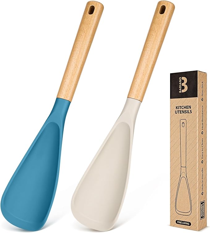 Cooking Spoon for Nonstick Cookwares, Great for Cooking and Serving Sturdy BPA-Free Matte Silicone, Wood Handle Spoon for Mixing, Scoop, and Scrape (Khaki & Turquoise, 13.4 inch) by BADIANO