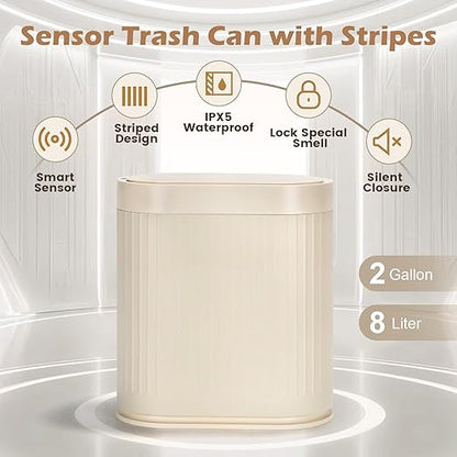 SYNCVIBE Bathroom Trash Can with Lid Automatic 2 Gallon Sensor Trash Bin, 7.5 Liter Smart Rubbish Bin, Motion Sensor Waterproof Bathroom Decor, Plastic Narrow Garbage Can for Bedroom, Office, Beige