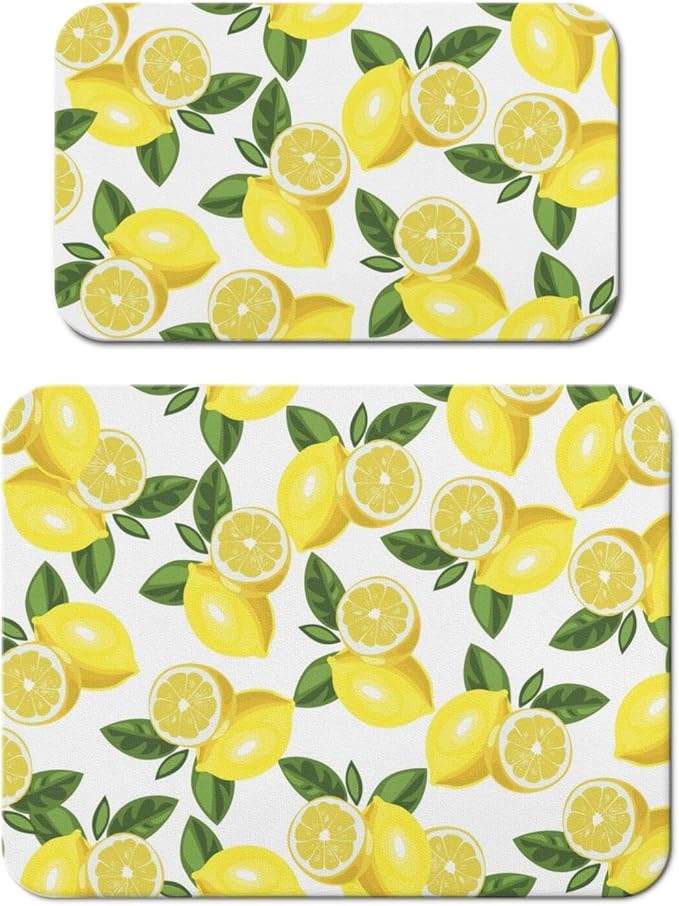 Dish Drying Mat for Kitchen Counter 2 Pack with Non-Slip Rubber Backing - Heat-Resistant Absorbent Coffee Bar Mat, Dish Rack Mat, Lemon Dish Drying Mats 18x24+19.5x12 inch
