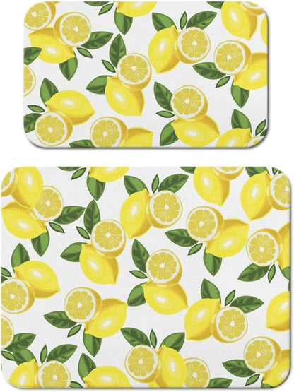 Dish Drying Mat for Kitchen Counter 2 Pack with Non-Slip Rubber Backing - Heat-Resistant Absorbent Coffee Bar Mat, Dish Rack Mat, Lemon Dish Drying Mats 18x24+19.5x12 inch