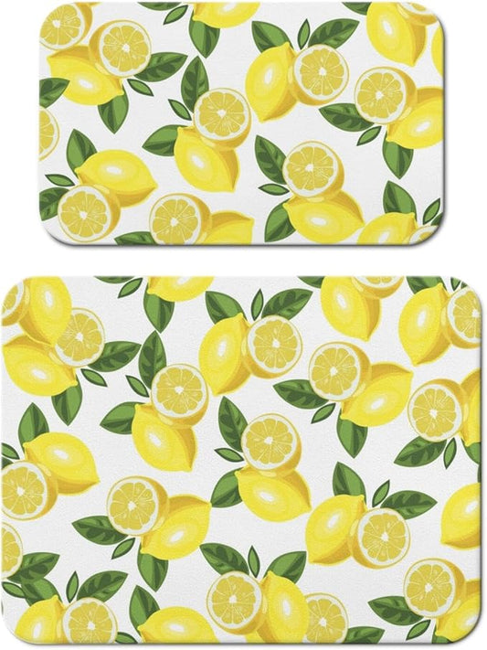 Dish Drying Mat for Kitchen Counter 2 Pack with Non-Slip Rubber Backing - Heat-Resistant Absorbent Coffee Bar Mat, Dish Rack Mat, Lemon Dish Drying Mats 18x24+19.5x12 inch
