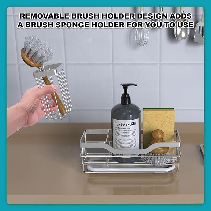 Vanwood Kitchen Sink Caddy Organizer Sponge Holder for Kitchen Sink, Rustproof Dish Soap Sponge Caddy for Counter with Detachable Brush Holder & Drain Tray - Storage Home & Cocina Accesorios, SILVER - Image 7