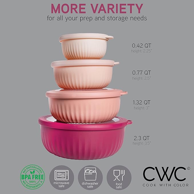 COOK WITH COLOR Prep Bowls with Lids- Wide and Deep Nesting Plastic Small Mixing Bowl Set with Lids, 8 Piece Set - Wide Bowls, Rose - Image 2