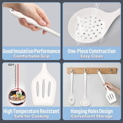 Silicone Kitchen Utensils Set, E-far 23 Pcs White Cooking Utensils Tools with Holder for Nonstick Cookware, Include Spatula/Spoon/Ladle/Tongs/Turner, Heat Resistant & Nontoxic, Dishwasher Safe - Image 2
