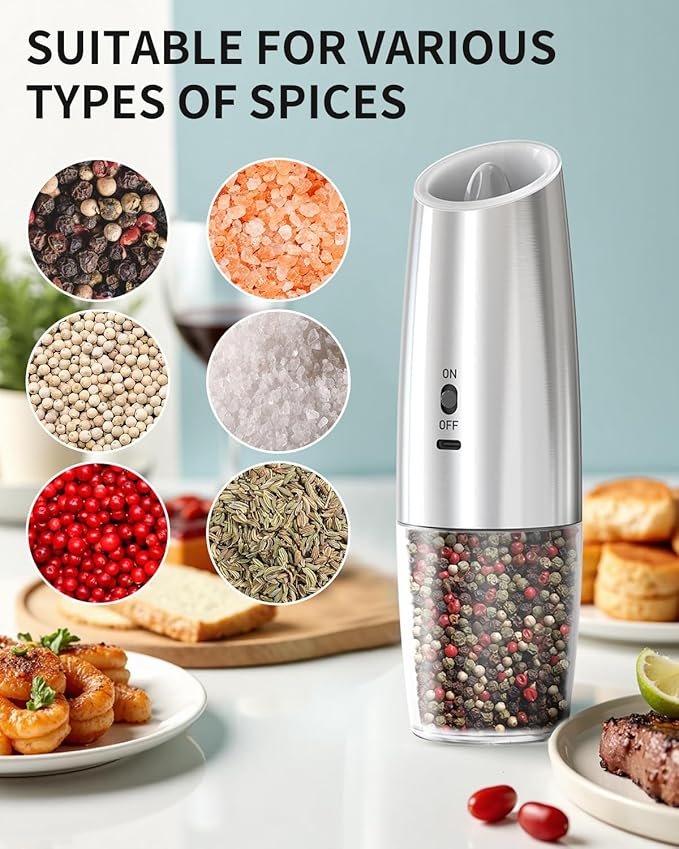 CIRCLE JOY Rechargeable Gravity Electric Salt and Pepper Grinder Set, Stainless Steels Salt and Pepper Mills with LED Light, No Battery Needed, Adjustable Coarseness, Washable 135ml Container, Silver - Image 8