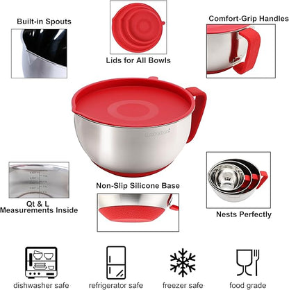 Rorence Mixing Bowls with Lids Set: Stainless Steel Mixing Bowls with Handles, Non-Slip Bottom & Pour Spout - Red, 3 quarts - Image 2