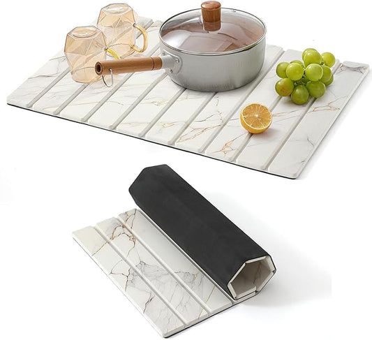 KEYCHAD Large Stone Drying Mat for Kitchen Counter - 23.4" x 15.4" Quick Drying Foldable Dish Drying Mat - Super Absorbent Diatomaceous Earth Mat - Stone Dish Drying Mat for Cups Bottles