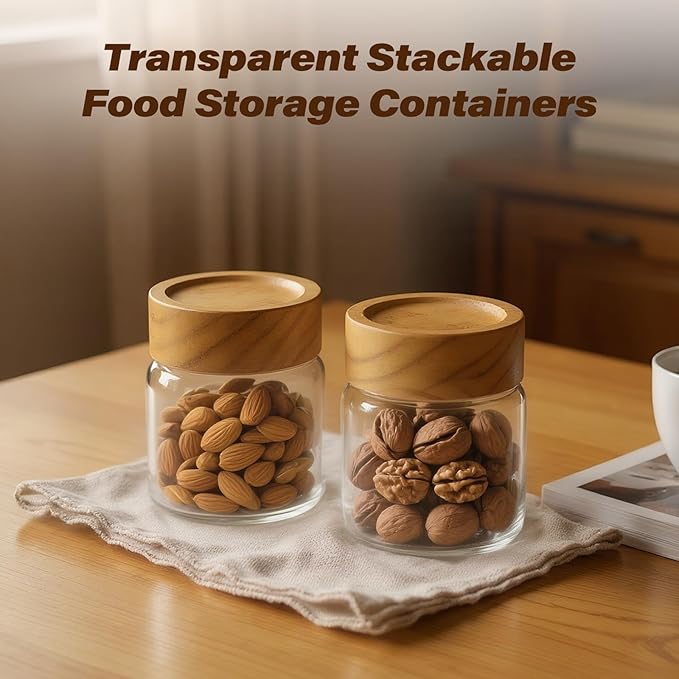 6-Pack 6 fl oz Stackable Airtight Glass Jars (with Acacia Wood Lids + Sticker Labels) – Small Mason Jars designed for overnight oats, spices, dry goods, and kitchen organization.