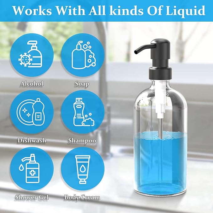 ARKTEK 2 Pack Refillable Glass Soap Dispenser - Rust Proof Stainless Steel Pump, 17 Oz/ 500 ML, Black - Image 7