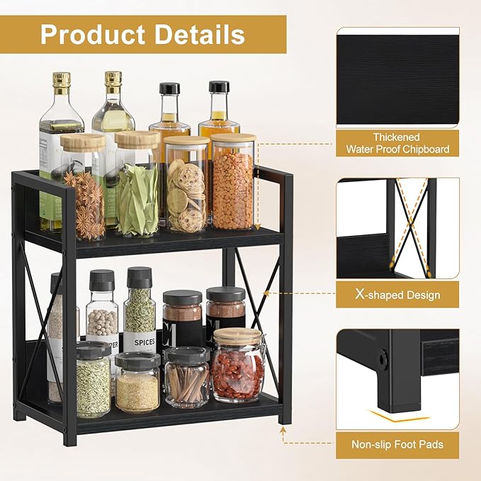 Giikin Countertop Organizer, 2 Tier Coffee Station Organizer for Desktop, Wood Counter Shelf Spice Rack for Kitchen (Black, M) - Image 3
