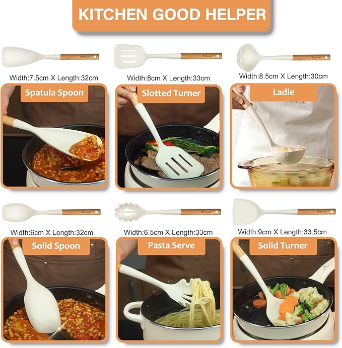 Large Silicone Cooking Utensils Set, 10Pcs Nonstick Kitchen Utensil Set with Wooden Handle, Heat Resistant Silicone Utensils for Cooking, BPA Free Spatula Set with Turners Spoon Ladle Skimmer(White) - Image 9