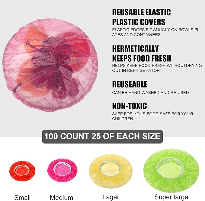 Boao 100 Pcs Reusable Bowl Covers 4 Size Plastic Color Elastic Wrap for Food Storage Fresh Keeping Food Bowl Cover Lid for Dish Plate Cup Bread Proofing for Family Outdoor Picnic Sourdough Baking - Image 2