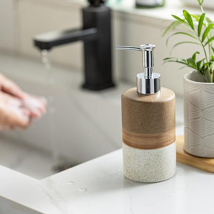Ceramic Soap Dispenser Set for Hand Soap, Shampoo, Dish Soap, Conditioner, Includes Stainless Steel Pump and Silicone Funnel, 12 Oz, Modern Kitchen Decor