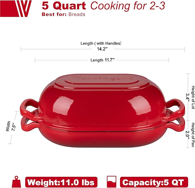 VORRINGARD Enameled Cast Iron Sourdough Bread Oven, Dutch Oven, Loaf Cast Iron Bread Pan for Homemade Bread Baking, Meatloaf Pan with Lid, 5QT, Red - Image 2