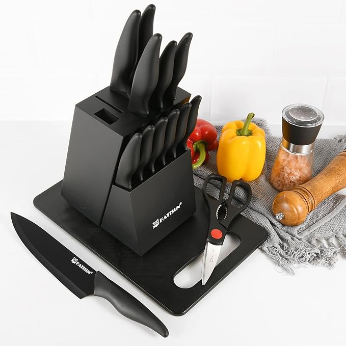 16 Pieces Kitchen Knife Block Set with Cutting Board, German Stainless Steel Knife Set with Sharpener, Dishwasher Safe, Anti-Slip Handle, 6 Steak Knives, Black - Image 7
