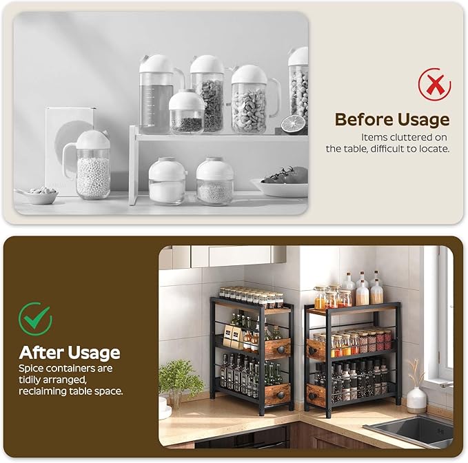 YATINEY Spice Rack, 3-Tier Pull Out Spice Rack Organizer for Countertop, Narrow Kitchen Countertop Storage Shelf with 2 Drawers, for Kitchen, Cafe, Rustic Brown and Black SR02BR - Image 7