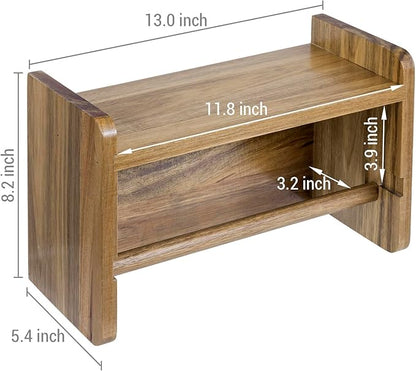 MyGift Hanging Paper Towel Roll Holder, Premium Acacia Solid Wood Farmhouse Wall Mounted Kitchen Napkin Dispenser Rack with Top Storage Shelf Spice Racks