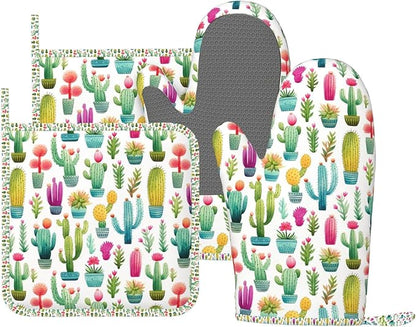 Oven Mitts and Pot Holders Set, Cactus Pattern Watercolor Silicone Kitchen Accessories 4 Piece Heat Resistant Long Gloves Potholder Non-Slip Grip for Chef Cooking Baking Grilling BBQ