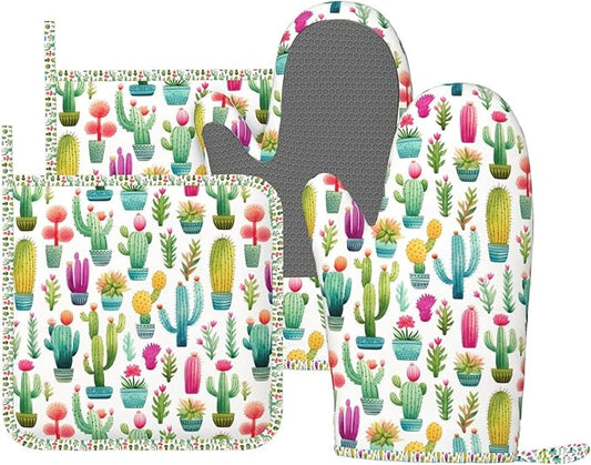 Oven Mitts and Pot Holders Set, Cactus Pattern Watercolor Silicone Kitchen Accessories 4 Piece Heat Resistant Long Gloves Potholder Non-Slip Grip for Chef Cooking Baking Grilling BBQ