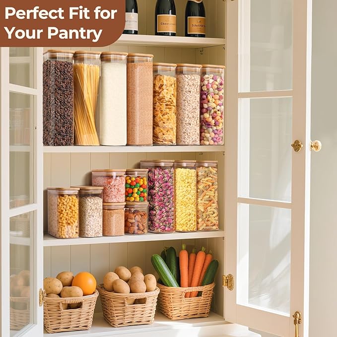 ComSaf 2.2 Qt Rectangle Glass Storage Containers with Lids, Glass Jars with Bamboo Lids, Clear Food Storage Jar, Tall Spaghetti Container, Pantry Storage Container for Pasta Flour Oats Nuts Rice - Image 5