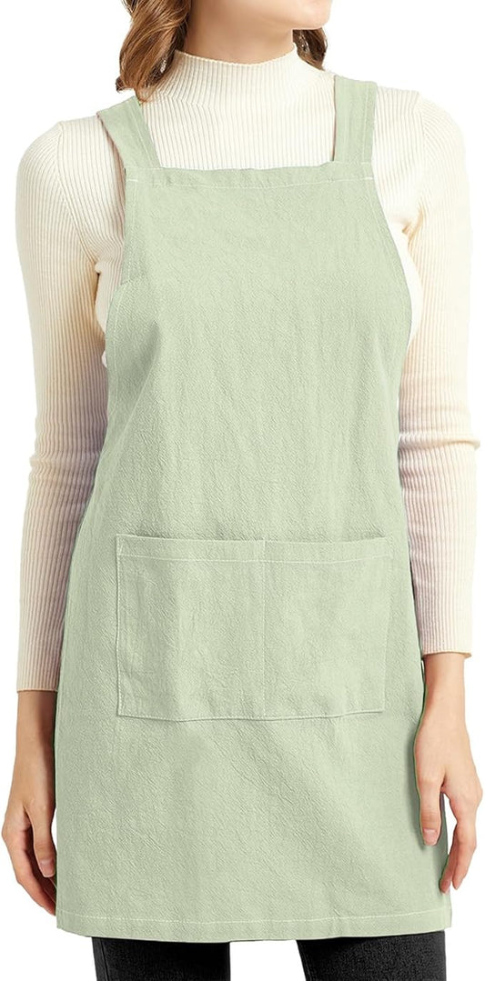 ELEZAY Aprons for Women with Pockets Plus Size Comfort Cross Back No Tie Cotton Linen Apron Pinafore