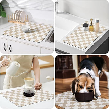 CooRug Checkered Dish Drying Mat for Kitchen Counter, Absorbent Non-Slip Coffee Mat, Heat Resistant Mat for Countertops Coffee Bar Decor 17" x 32" Khaki - Image 7