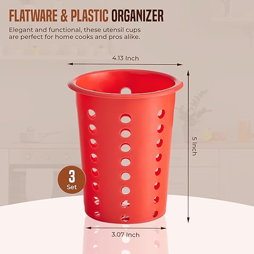 OCS Parts Perforated Utensil Drying Cups | Red | Plastic Flatware Holder Cylinders for Kitchen Counter Organization - Image 2