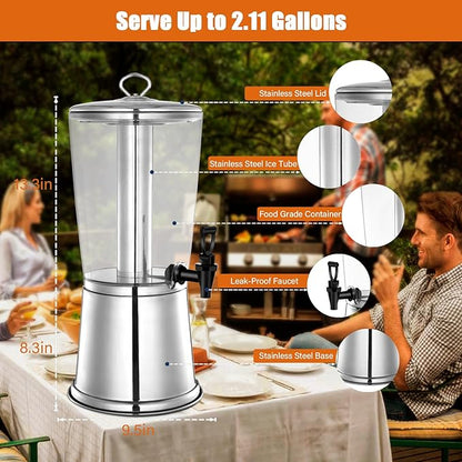2 Gallons Beverage Dispenser With Stand, Drink Dispensers for Parties, Stainless Steel Juice Dispensers with Ice Tube and Spigot, Punch Dispenser For Parties - Image 6