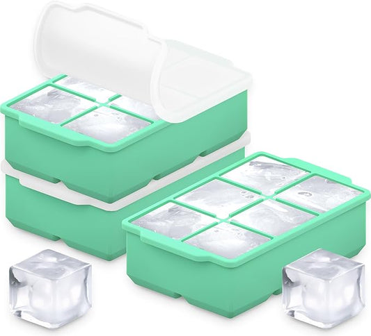 KitchFort Large Silicone Ice Cube Tray (3-Pack), Easy Release 2" Big Ice Cubes - Cocktail, Whiskey Ice Cubes Mold - Ice Trays for Freezer with Lid - Stackable Silicone Ice Tray - Green by KitchFort