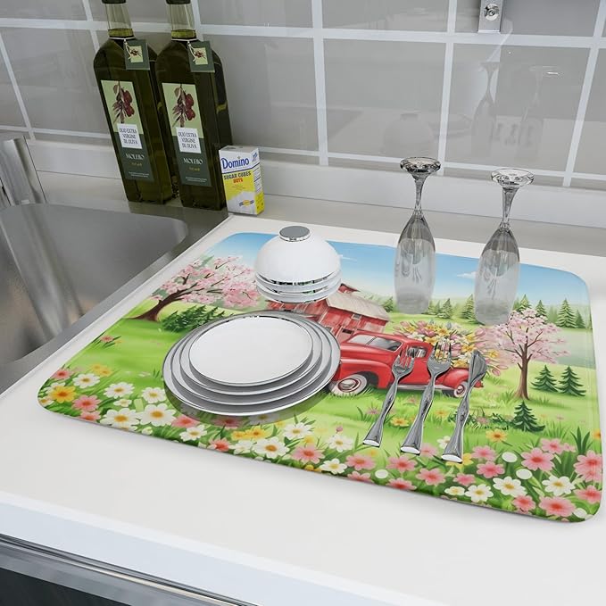 Spring Dish Drying Mat for Kitchen Counter Red Truck Flowers Microfiber Absorbent Dish Draining Reusable Washable Foldable Extra Large 18"x24" - Image 6