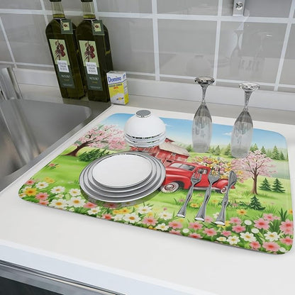 Spring Dish Drying Mat for Kitchen Counter Red Truck Flowers Microfiber Absorbent Dish Draining Reusable Washable Foldable Extra Large 18"x24" - Image 6