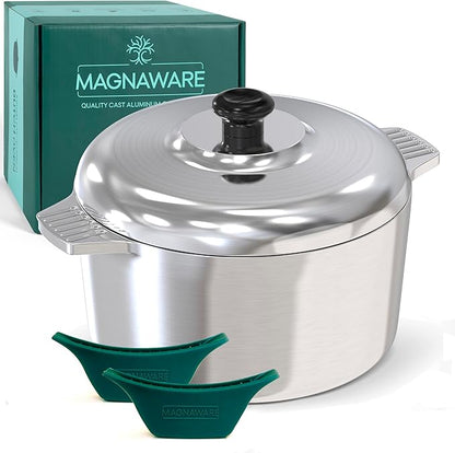 Magnaware Cast Aluminum Dutch Oven with Lid - 5 Quart Lightweight Cookware Pot with Silicone Covers for Easy Handling - Even Heat Distribution & Retention - For Bread Baking, Stew, Simmering & More