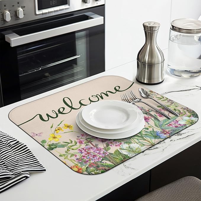 Dish Drying Mat Drainer Pads - Extra Large Microfiber Drying Mats for Dishes Spring Summer Flower Kitchen Counter Super Absorbent Pads for Draining Racks (Beige,16"x18" )