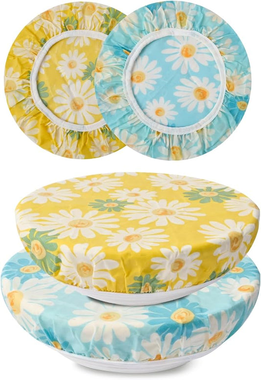 2Pcs Reusable Bowl Covers for Bread Proofing - Cotton Beeswax Bowl Covers Reusable with Elastic Rim, Eco-Friendly Sourdough Bowl Cover for Food Storage (10INCH) (Yellow & Blue daisy)