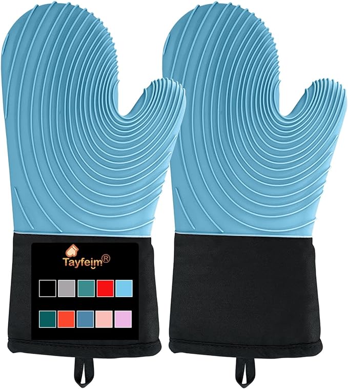 Silicone Oven Mitts-13.6 in Extended Oven Mitts Heat Resistant 500F, Oven Gloves with Soft Liner Good Grippy BPA-Free Easy to Clean Flexible-Oven Mits Set for Cooking Baking Grilling BBQ by Tayfeim