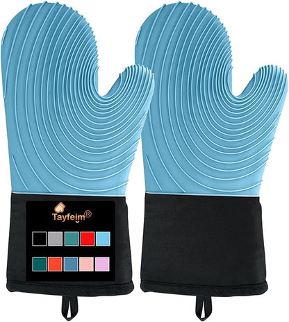 Silicone Oven Mitts-13.6 in Extended Oven Mitts Heat Resistant 500F, Oven Gloves with Soft Liner Good Grippy BPA-Free Easy to Clean Flexible-Oven Mits Set for Cooking Baking Grilling BBQ by Tayfeim