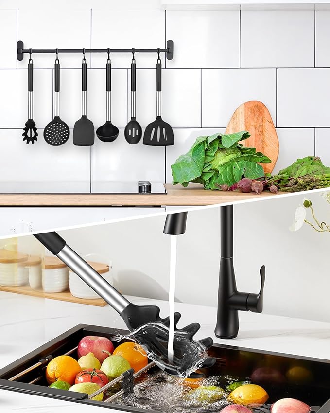 Silicone Cooking Utensil Set, 8Pcs Non-stick Cookware with Stainless Steel Handle, BPA Free Heat Resistant Kitchen Tools with Spatulas, Turners, Spoons, Skimmer and Pasta Fork - Image 5