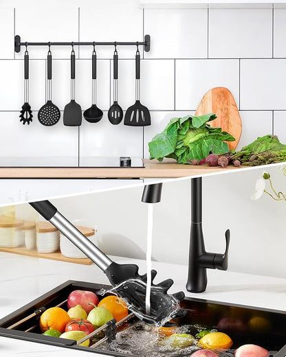 Silicone Cooking Utensil Set, 8Pcs Non-stick Cookware with Stainless Steel Handle, BPA Free Heat Resistant Kitchen Tools with Spatulas, Turners, Spoons, Skimmer and Pasta Fork - Image 5