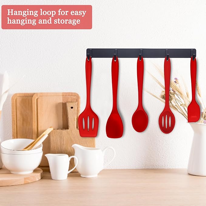 E-far Silicone Cooking Utensils Set, 24Pcs Heat Resistant Kitchen Utensil with Holder, Silicone Kitchen Tools with Spatula Turner Spoon Tongs Whisk, Non-Toxic & Dishwasher Safe (Red) - Image 6