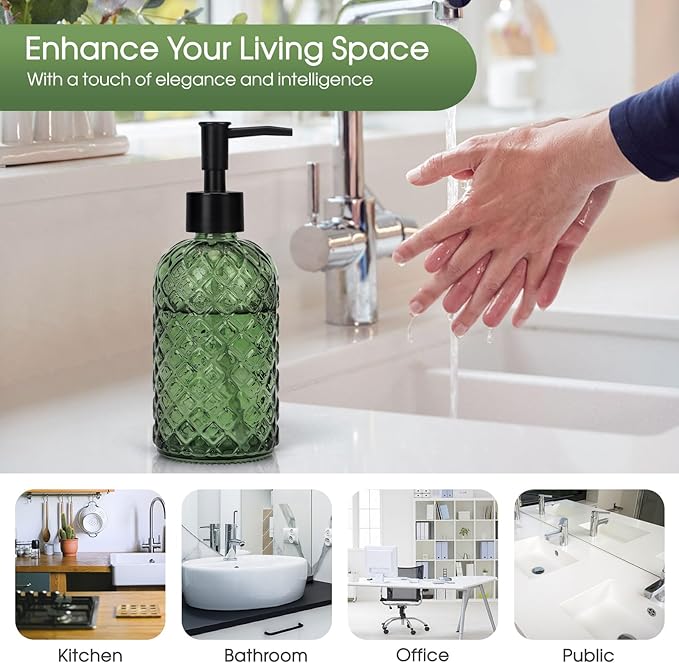 Topsky Gem Glass Soap Dispenser with Black Plastic Pump, 13oz Liquid Hand Soap Dispenser, Rustproof Pump for Kitchen & Bathroom, Great for Lotions, Essential Oil, Liquid Soaps-Army Green - Image 6