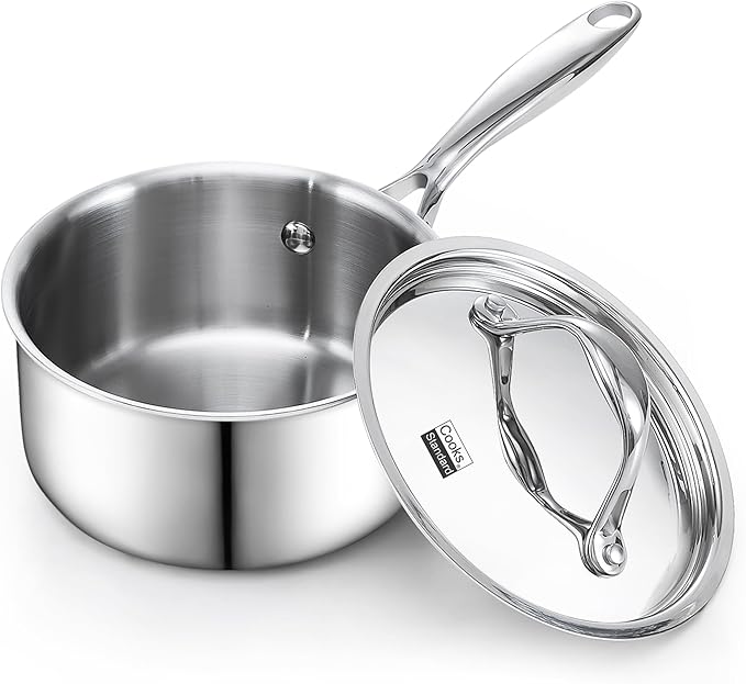 Cooks Standard Stainless Steel Sauce Pan with Lid, 1.5 Quarts Tri-Ply Clad Saucepan, Small Kitchen Induction Pot, Dishwasher & Oven Safe, Compatible with All Cooktops