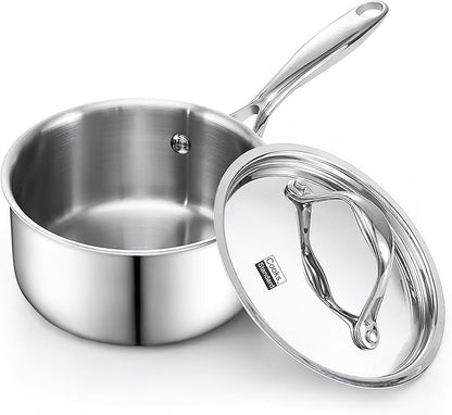 Cooks Standard Stainless Steel Sauce Pan with Lid, 1.5 Quarts Tri-Ply Clad Saucepan, Small Kitchen Induction Pot, Dishwasher & Oven Safe, Compatible with All Cooktops