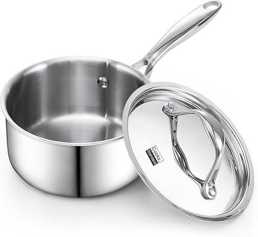 Cooks Standard Stainless Steel Sauce Pan with Lid, 1.5 Quarts Tri-Ply Clad Saucepan, Small Kitchen Induction Pot, Dishwasher & Oven Safe, Compatible with All Cooktops