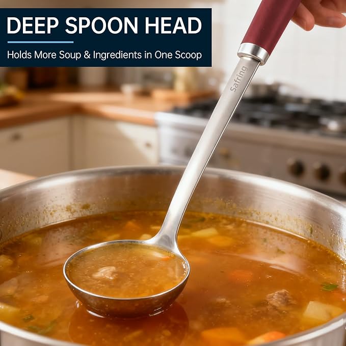 Safring Stainless Steel Soup Ladle and Spaghetti Spoon Set, Heat Resistant Rubber Handle, Dishwasher Safe, Kitchen Utensils for Cooking, Stirring, Serving Pasta, Soup & Sauce (Red) - Image 5