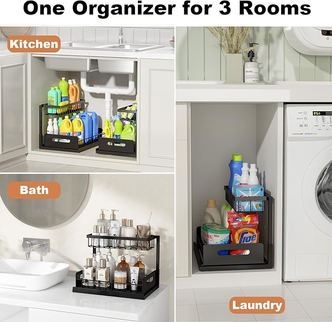REALINN Under Sink Organizer, L-Shaped 2 Tier Pull Out Cabinet Organizer for Kitchen and Bathroom, Slide Out Under Cabinet Storage, Metal Under Sink Storage with Sliding Drawer, 50 lbs, Black 2 Pack - Image 6