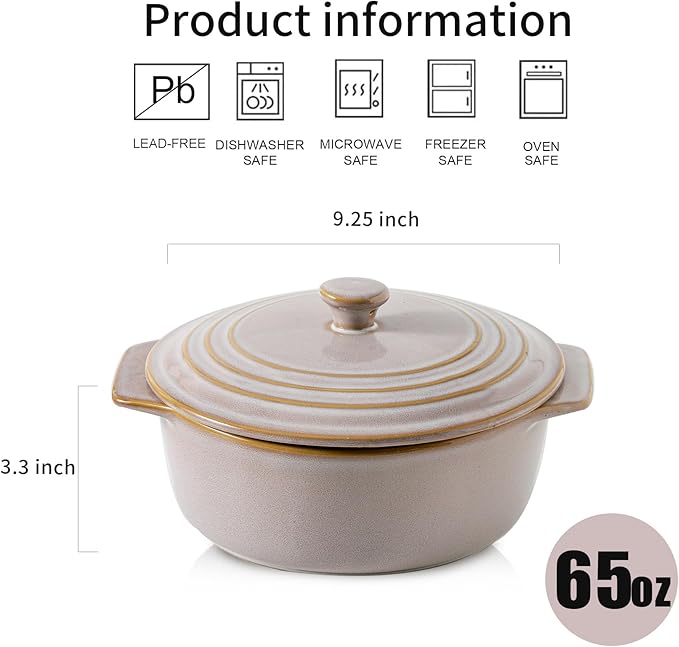 HVH Ceramic Casserole Dish with Lid Oven Safe, 2 Quart Round Casseroles Dishes Set, 9 Inches Round Baking Dish with Lid Oven Safe, Deep Casserole Dishes for Oven for Dinner Party (Sand Color) - Image 4